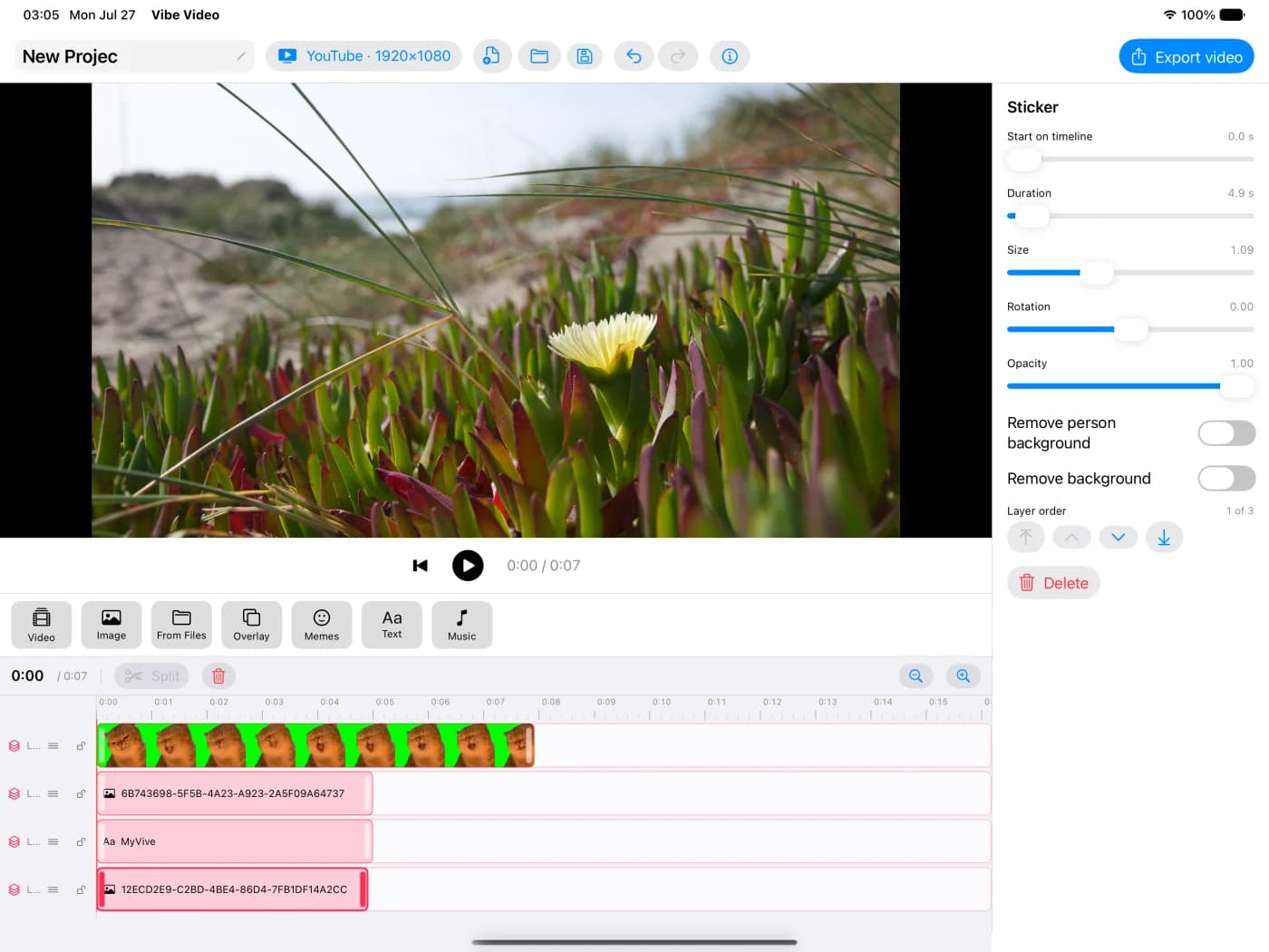 Vibe Video on iPad Pro with the sticker inspector and a four-lane timeline
