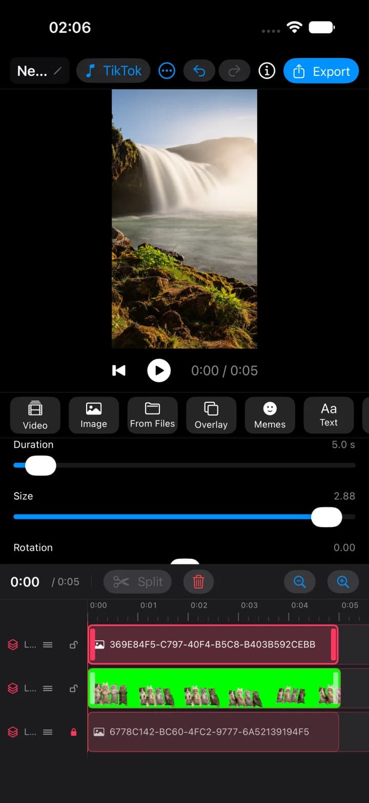 Vibe Video on iPhone in dark appearance: preview, tool bar and three timeline lanes