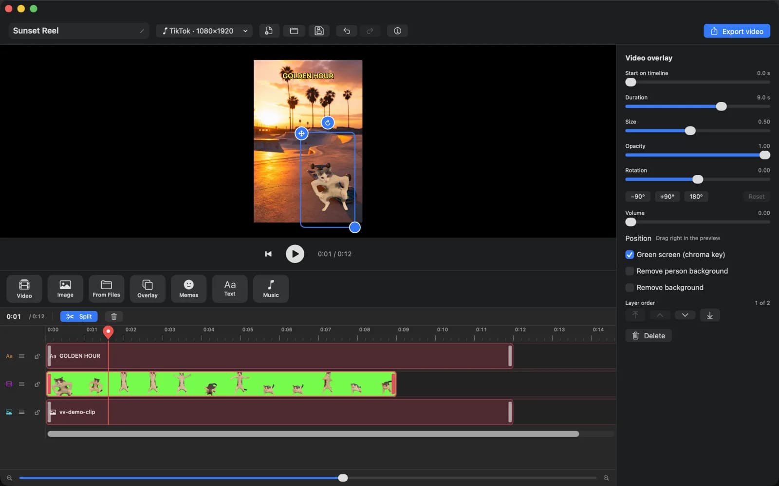 Vibe Video on macOS: multitrack timeline with a chroma-key overlay selected and the layer inspector open