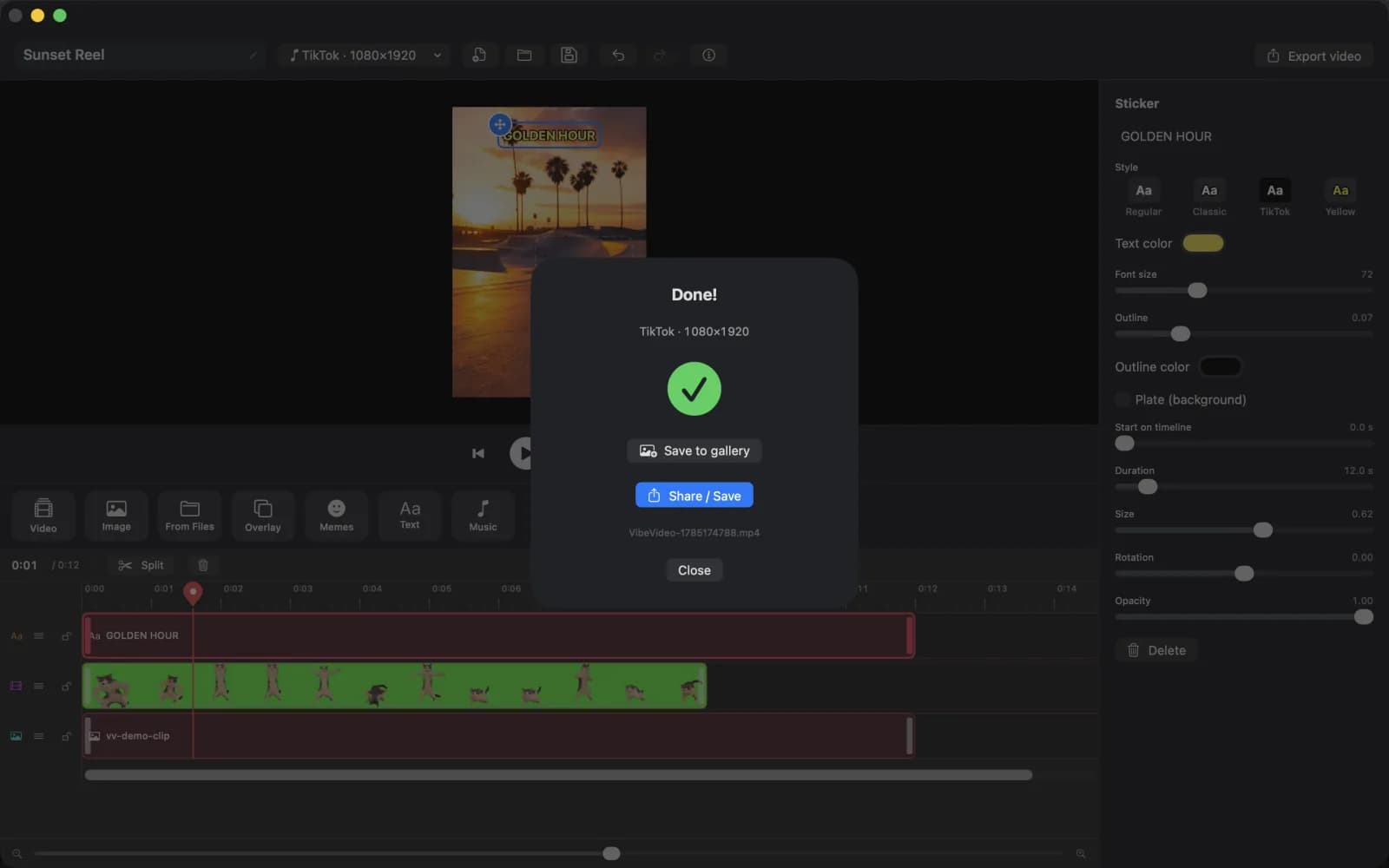 Export finished dialog showing the TikTok 1080x1920 output with save and share actions