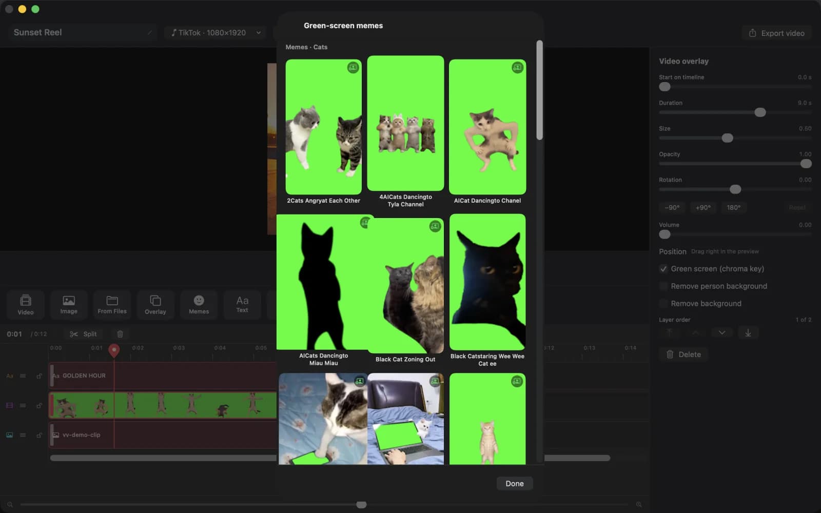 Green-screen meme picker showing a grid of cat clips shot on a green background